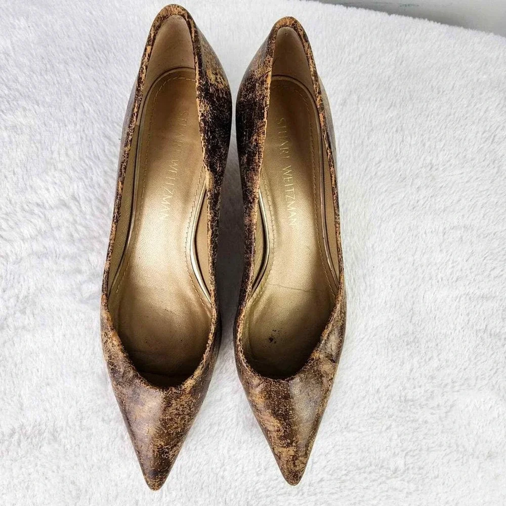 STUART WEITZMAN Brown Tan Distressed Leather Pointed Toe Kitten Heels‎ Shoes 7